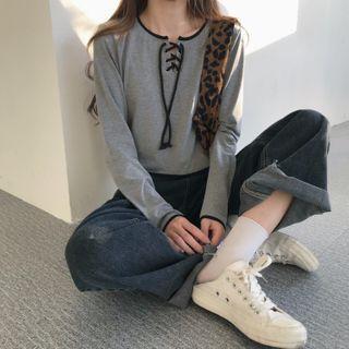 Long-sleeve Lace-up T-shirt Gray - One Size
