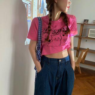 Cat Print Short-sleeve Cropped T-shirt Rose Pink - One Size