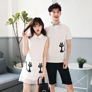 Couple Matching Cat Embroidered Sleeveless Collared Dress / Short Sleeve Polo Shirt / Shorts