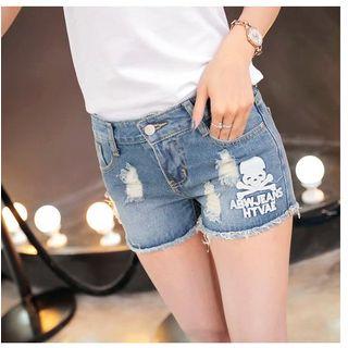 Print Distressed High-waist Denim Shorts