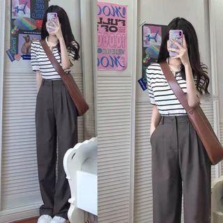 Elbow-sleeve Collar Striped Knit Top / High Waist Wide Leg Pants / Set