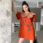 Elbow-sleeve Collar Flower Mini A-line Dress
