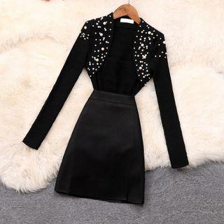 Set: Faux Pearl Top + Midi A-line Skirt
