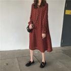 Dotted Long-sleeve Chiffon Dress Red - One Size