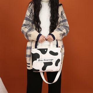 Canvas Lettering Milk Cow Patterned Tote Cow Pattern - Black & White - One Size