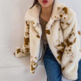 Wide-collar Cow-pattern Faux-fur Jacket