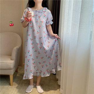 Short-sleeve Ruffle-trim Cherry Print Dress
