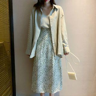 Long-sleeve Shirt / Camisole / Midi Floral A-line Skirt