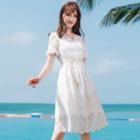 Flower Embroidered Tie-waist Short-sleeve A-line Dress