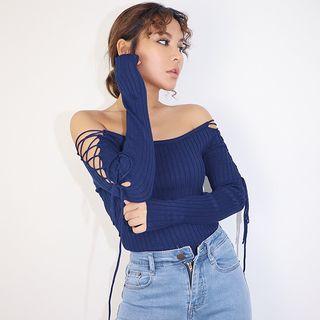 Lightweight Boatneck Lace Up-sleeved Cropped Knit Top