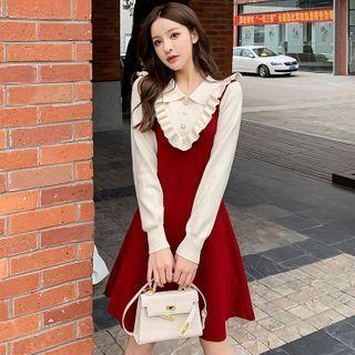 Two-tone Long-sleeve Collared Knit Dress