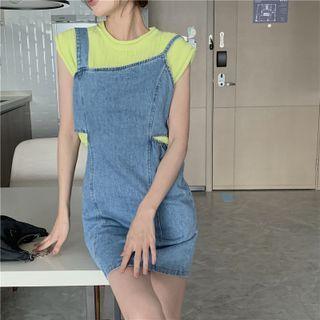 Sleeveless Knit Top / Cutout Denim Mini Sheath Overall Dress