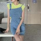 Sleeveless Knit Top / Cutout Denim Mini Sheath Overall Dress