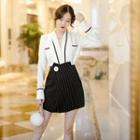 Set:color-block Shirt + Stripe Mini Skirt