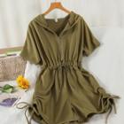 Elbow-sleeve Hooded Drawstring Romper