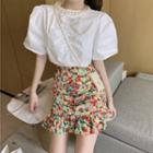 Faux Pearl Puff-sleeve Blouse / Flower Print Mini Pencil Skirt