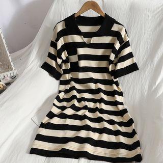Short-sleeve Striped Knit Polo Mini Dress Stripe - Black & Almond - One Size