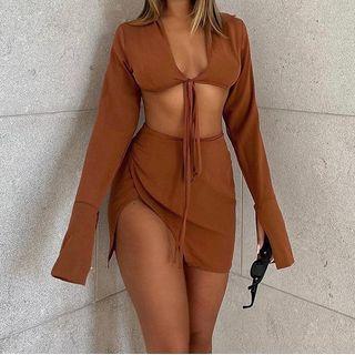 Set: Plain Long-sleeve Tie-front Cropped Top + High-waist Side-slit Mini Skirt