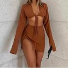 Set: Plain Long-sleeve Tie-front Cropped Top + High-waist Side-slit Mini Skirt