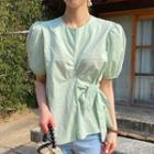 Short-sleeve Ribbon Blouse Green - One Size