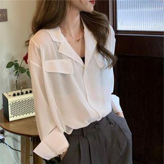 Plain Chiffon Long-sleeve V-neck Shirt