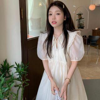 Puff-sleeve Midi A-line Dress Champagne - One Size