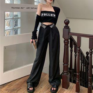 Strapless Lettering Crop Top / High Waist Wide Leg Dress Pants / Jacket