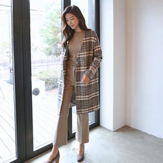 Collarless Plaid Coat