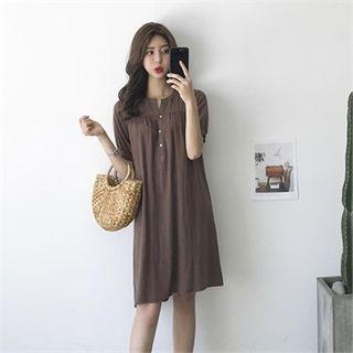 Half-placket Linen Blend Boxy Dress