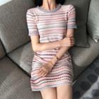 Short-sleeve Striped Knit Minidress As Shown In Figure - One Size