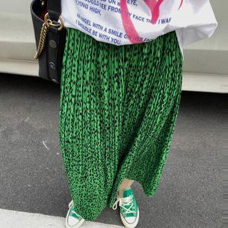 Leopard Print A-line Skirt Black & Green - One Size