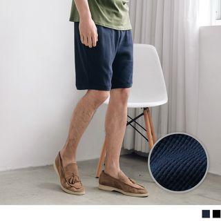 Plain Drawstring-waist Waffle-knit Shorts