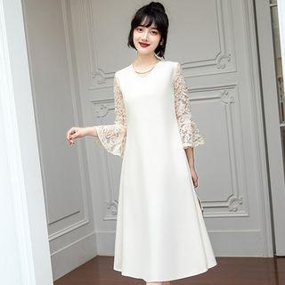 V-neck Lace Bell-sleeve Midi A-line Dress