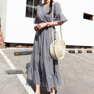 Bell-sleeve Maxi A-line Plaid Dress Plaid - Black - One Size