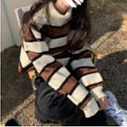 Long-sleeve Turtleneck Striped Cropped Sweater Stripe - Coffee & Almond - One Size