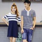 Couple Matching Striped Short Sleeve T-shirt / Cut Out Shoulder Short Sleeve Dress