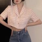 V-neck Plaid Loose Fit Cropped Top Pink - One Size