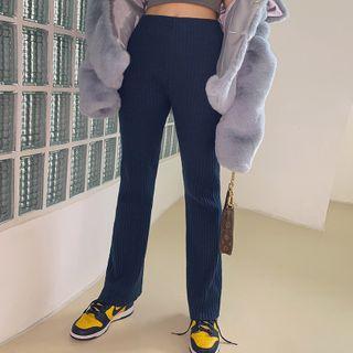 High Band-waist Ribbed Boot-cut Pants