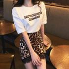 Leopard Letter Short Sleeve T-shirt / Lace Trim Leopard Print Skirt
