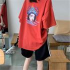 Elbow-sleeve Print T-shirt Brick Red - One Size