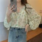 Long-sleeve Floral Blouse Yellow Floral - White - One Size