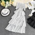 Elbow-sleeve Smocked Dotted Layered Dress
