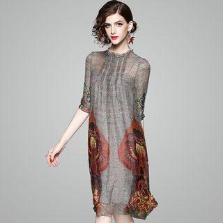 Elbow-sleeve Mock-neck Print Shift Dress