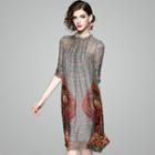 Elbow-sleeve Mock-neck Print Shift Dress