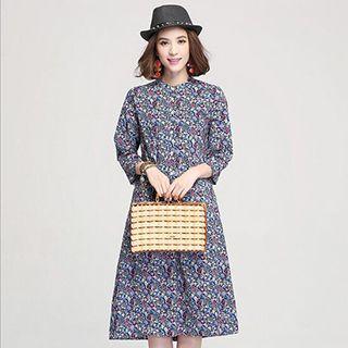 3/4-sleeve Floral Midi Dress