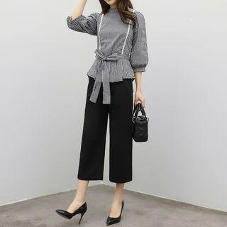 Set: Gingham Tie-waist 3/4-sleeve Blouse + Wide Leg Cropped Pants