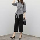 Set: Gingham Tie-waist 3/4-sleeve Blouse + Wide Leg Cropped Pants