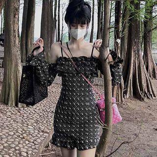 Long-sleeve Cold Shoulder Patterned Sheath Dress