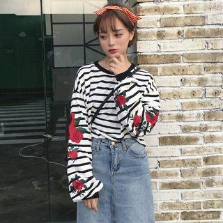 Rose Embroidered Striped Pullover