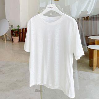 Plain Round-neck Linen Blend T-shirt